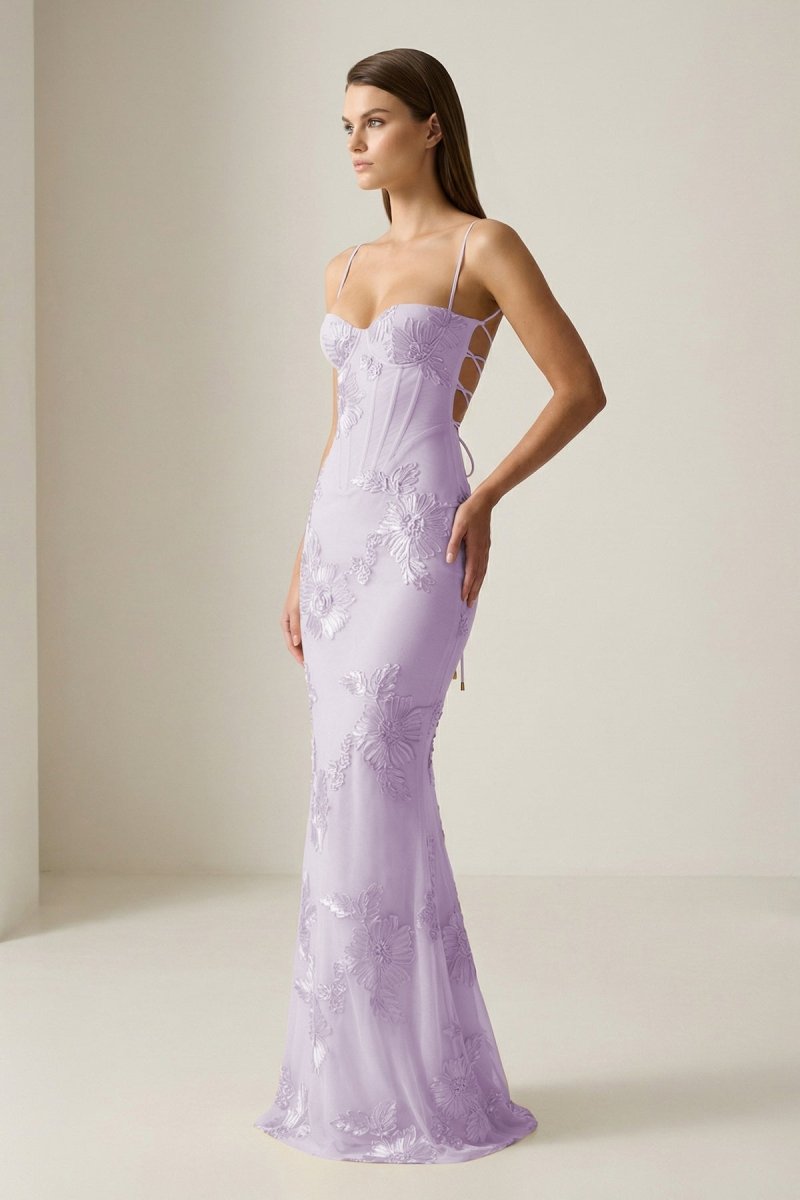 Yellow Spaghetti Straps Sheath Long Prom Dresses With Floral Embroidery oaklynwear