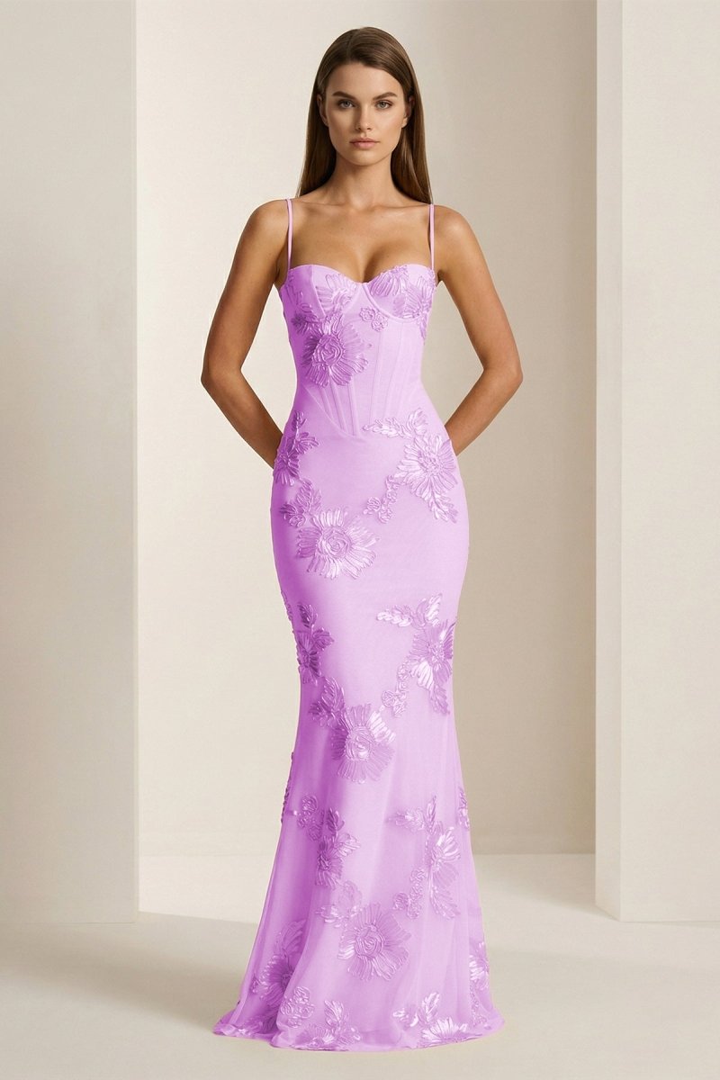 Yellow Spaghetti Straps Sheath Long Prom Dresses With Floral Embroidery oaklynwear