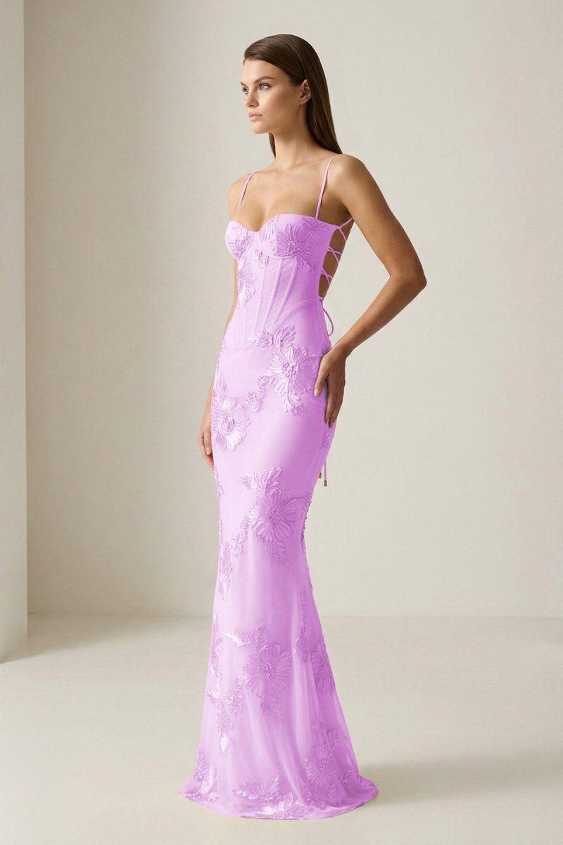 Yellow Spaghetti Straps Sheath Long Prom Dresses With Floral Embroidery oaklynwear