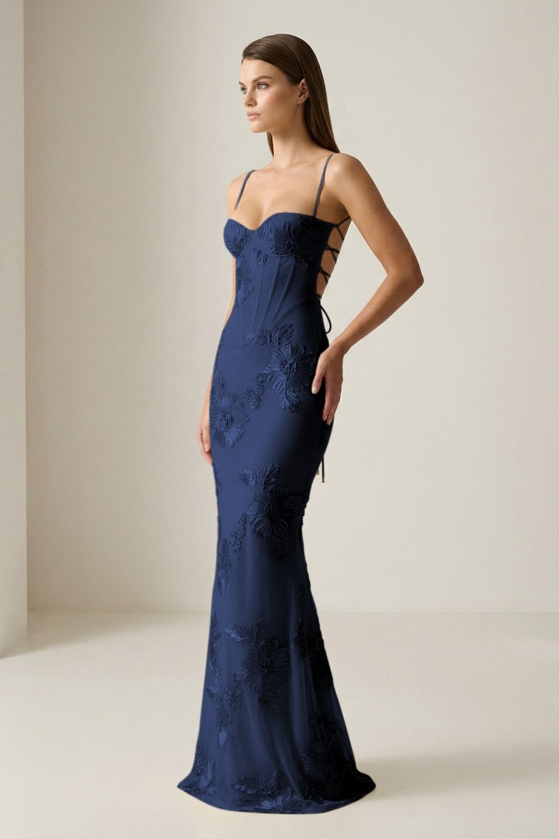 Yellow Spaghetti Straps Sheath Long Prom Dresses With Floral Embroidery oaklynwear