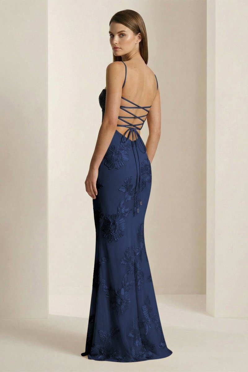 Yellow Spaghetti Straps Sheath Long Prom Dresses With Floral Embroidery oaklynwear
