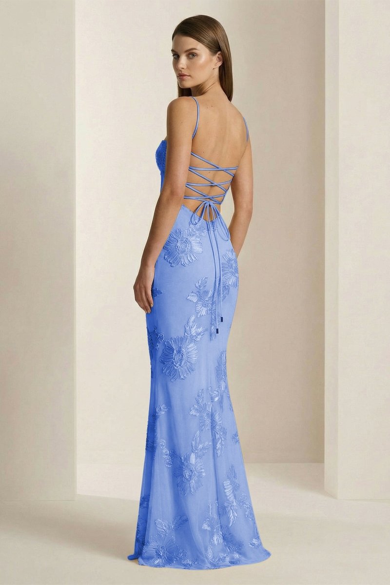 Yellow Spaghetti Straps Sheath Long Prom Dresses With Floral Embroidery oaklynwear