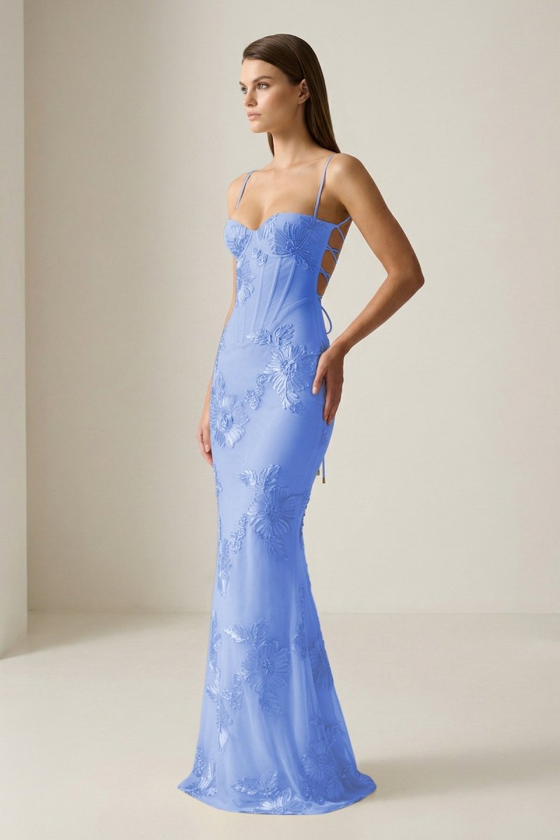 Yellow Spaghetti Straps Sheath Long Prom Dresses With Floral Embroidery oaklynwear