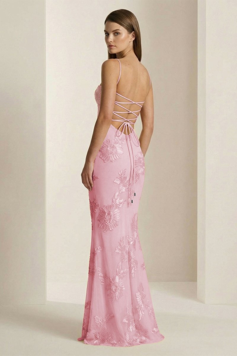 Yellow Spaghetti Straps Sheath Long Prom Dresses With Floral Embroidery oaklynwear