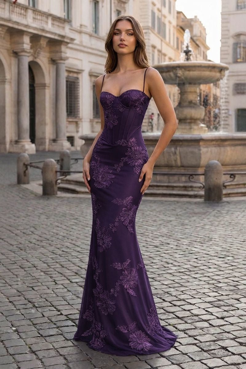 Yellow Spaghetti Straps Sheath Long Prom Dresses With Floral Embroidery oaklynwear