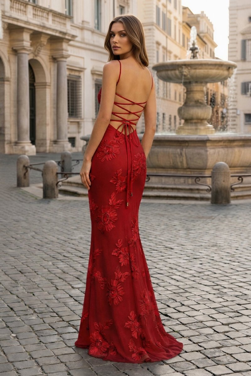 Yellow Spaghetti Straps Sheath Long Prom Dresses With Floral Embroidery oaklynwear
