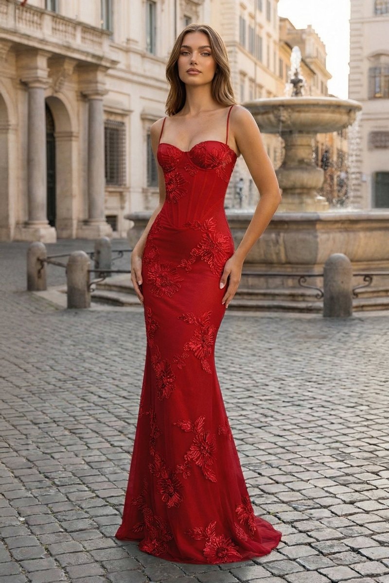 Yellow Spaghetti Straps Sheath Long Prom Dresses With Floral Embroidery oaklynwear