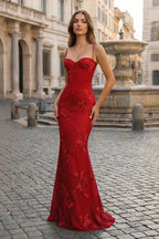 Yellow Spaghetti Straps Sheath Long Prom Dresses With Floral Embroidery oaklynwear