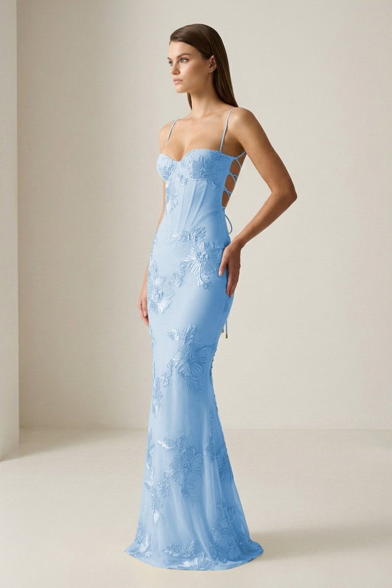 Yellow Spaghetti Straps Sheath Long Prom Dresses With Floral Embroidery oaklynwear