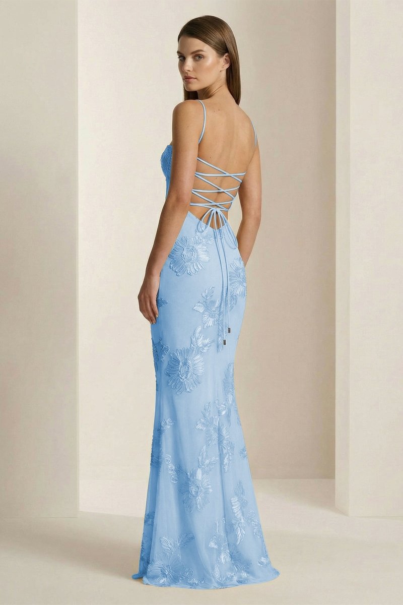 Yellow Spaghetti Straps Sheath Long Prom Dresses With Floral Embroidery oaklynwear