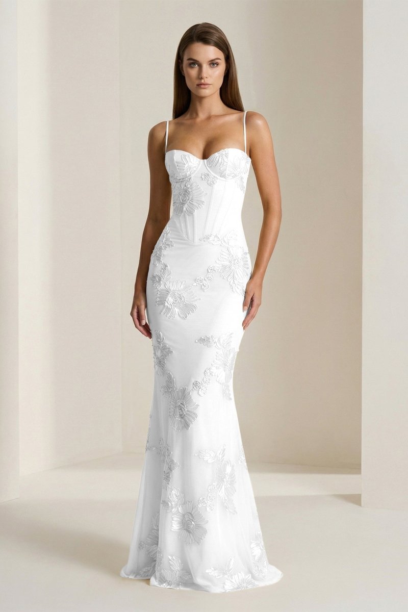 Yellow Spaghetti Straps Sheath Long Prom Dresses With Floral Embroidery oaklynwear