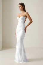 Yellow Spaghetti Straps Sheath Long Prom Dresses With Floral Embroidery oaklynwear