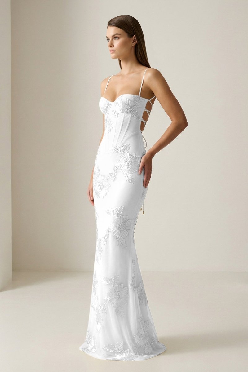 Yellow Spaghetti Straps Sheath Long Prom Dresses With Floral Embroidery oaklynwear