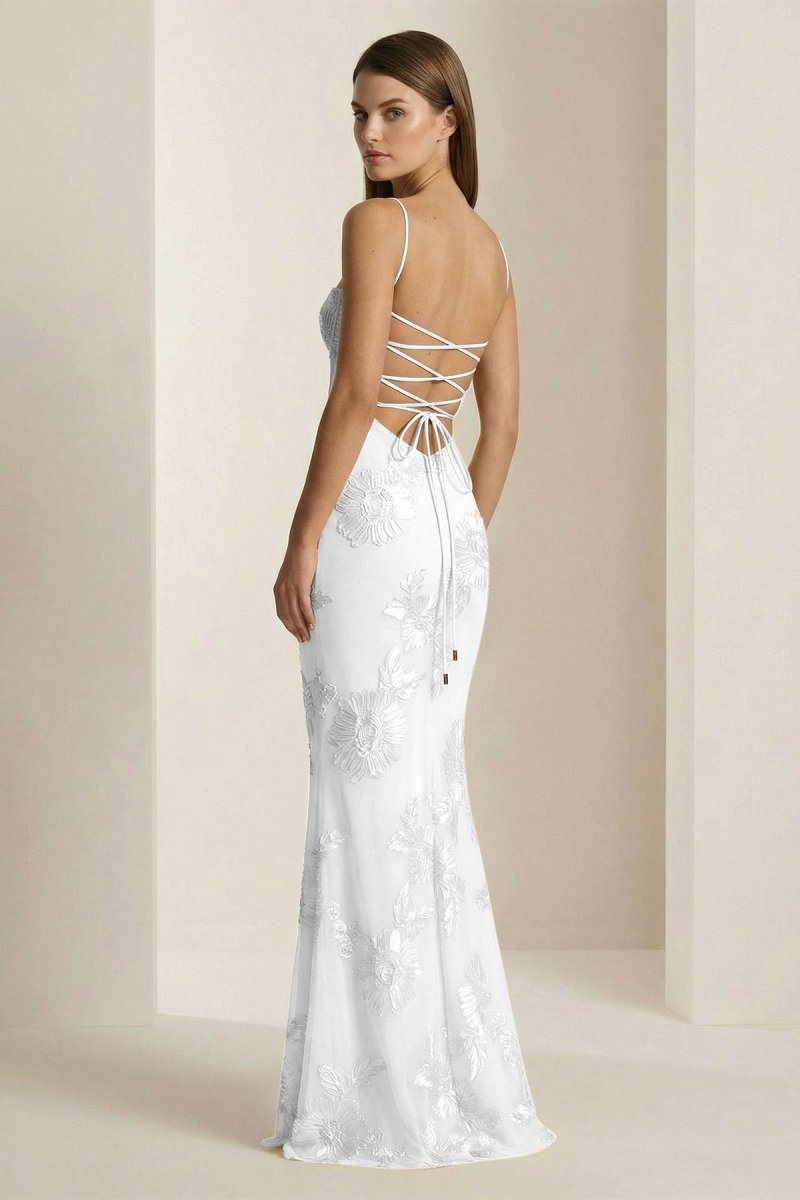 Yellow Spaghetti Straps Sheath Long Prom Dresses With Floral Embroidery oaklynwear