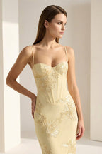 Yellow Spaghetti Straps Sheath Long Prom Dresses With Floral Embroidery oaklynwear