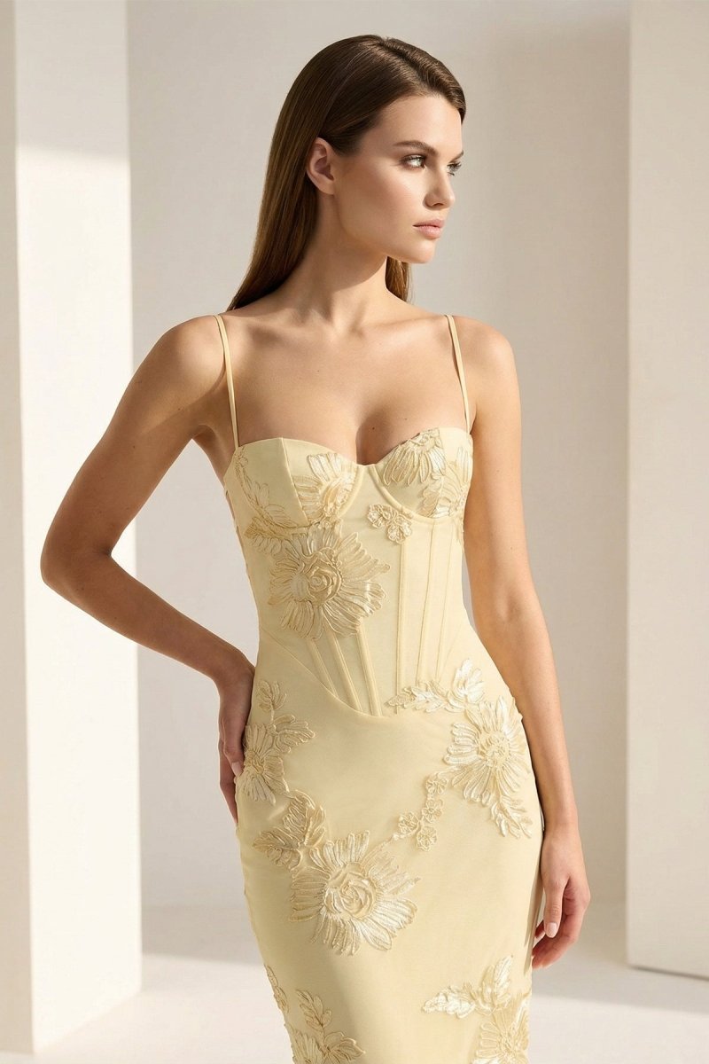 Yellow Spaghetti Straps Sheath Long Prom Dresses With Floral Embroidery oaklynwear