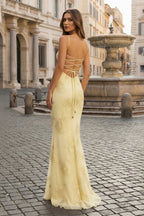 Yellow Spaghetti Straps Sheath Long Prom Dresses With Floral Embroidery oaklynwear