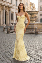 Yellow Spaghetti Straps Sheath Long Prom Dresses With Floral Embroidery oaklynwear