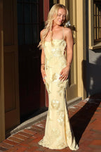 Yellow Spaghetti Straps Sheath Long Prom Dresses With Floral Embroidery oaklynwear