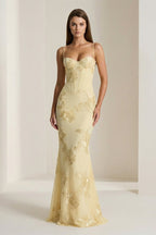 Yellow Spaghetti Straps Sheath Long Prom Dresses With Floral Embroidery oaklynwear