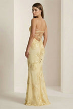 Yellow Spaghetti Straps Sheath Long Prom Dresses With Floral Embroidery oaklynwear