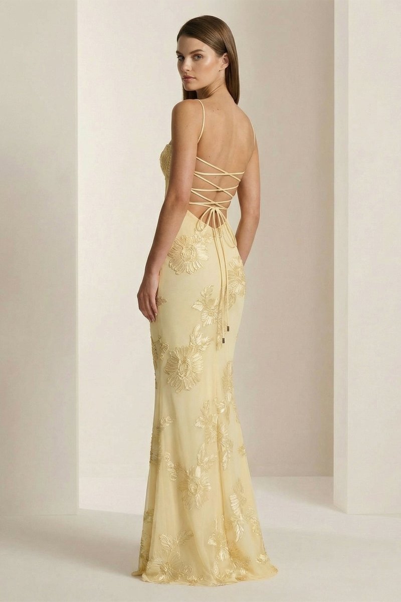 Yellow Spaghetti Straps Sheath Long Prom Dresses With Floral Embroidery oaklynwear