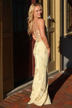 Yellow Spaghetti Straps Sheath Long Prom Dresses With Floral Embroidery oaklynwear
