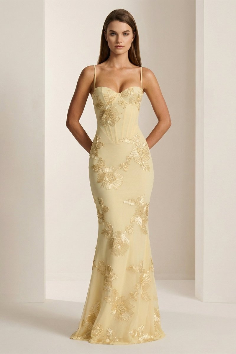 Yellow Spaghetti Straps Sheath Long Prom Dresses With Floral Embroidery oaklynwear