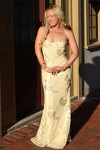 Yellow Spaghetti Straps Sheath Long Prom Dresses With Floral Embroidery oaklynwear