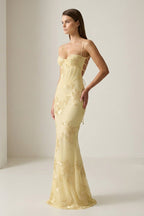 Yellow Spaghetti Straps Sheath Long Prom Dresses With Floral Embroidery oaklynwear