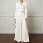 Double-breasted white cropped blazer with gold-tone buttons and matching pleated skirt - view 15