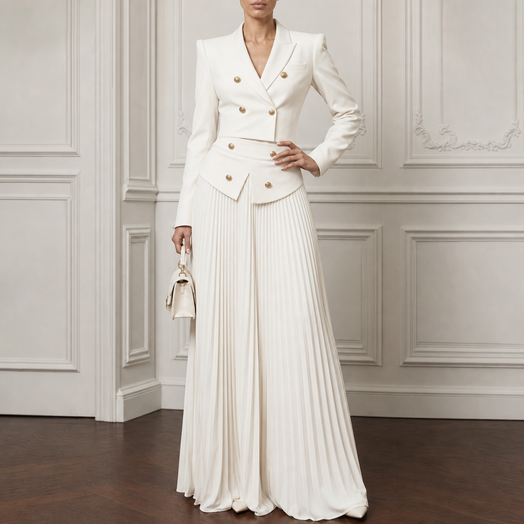 Double-breasted white cropped blazer with gold-tone buttons and matching pleated skirt - view 2