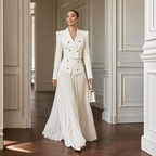 Double-breasted white cropped blazer with gold-tone buttons and matching pleated skirt - view 3
