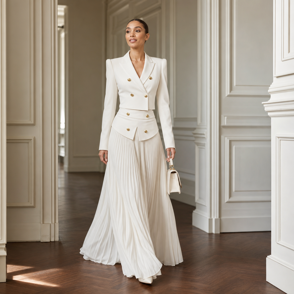 Double-breasted white cropped blazer with gold-tone buttons and matching pleated skirt - view 3