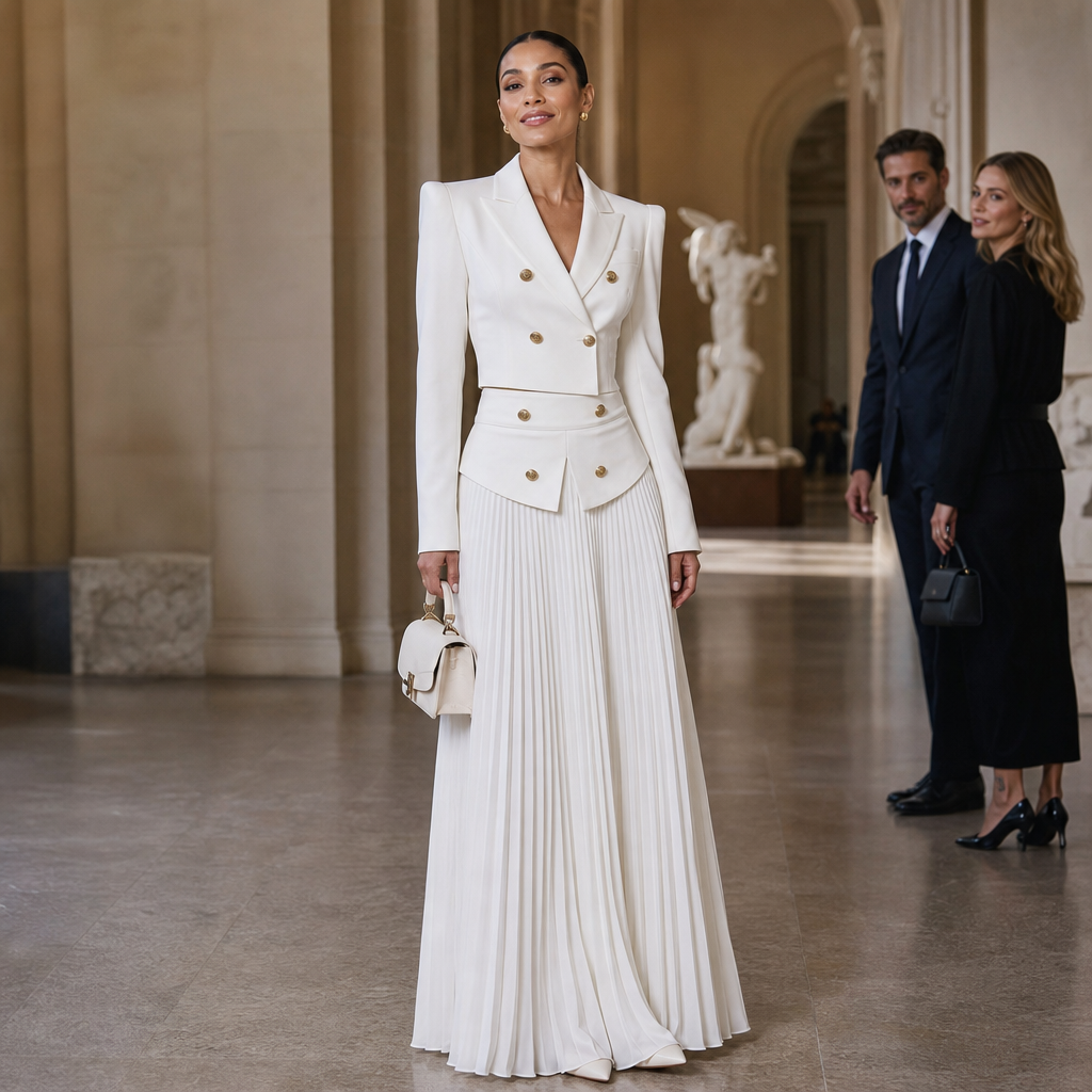 Double-breasted white cropped blazer with gold-tone buttons and matching pleated skirt - view 4
