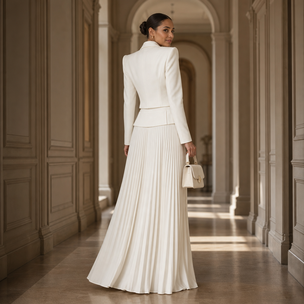 Double-breasted white cropped blazer with gold-tone buttons and matching pleated skirt - view 5
