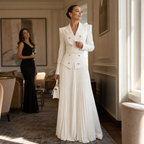 Double-breasted white cropped blazer with gold-tone buttons and matching pleated skirt - view 6