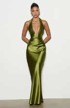 Satin halter maxi dress with pleated plunge cups, ruched waist and lace-up back