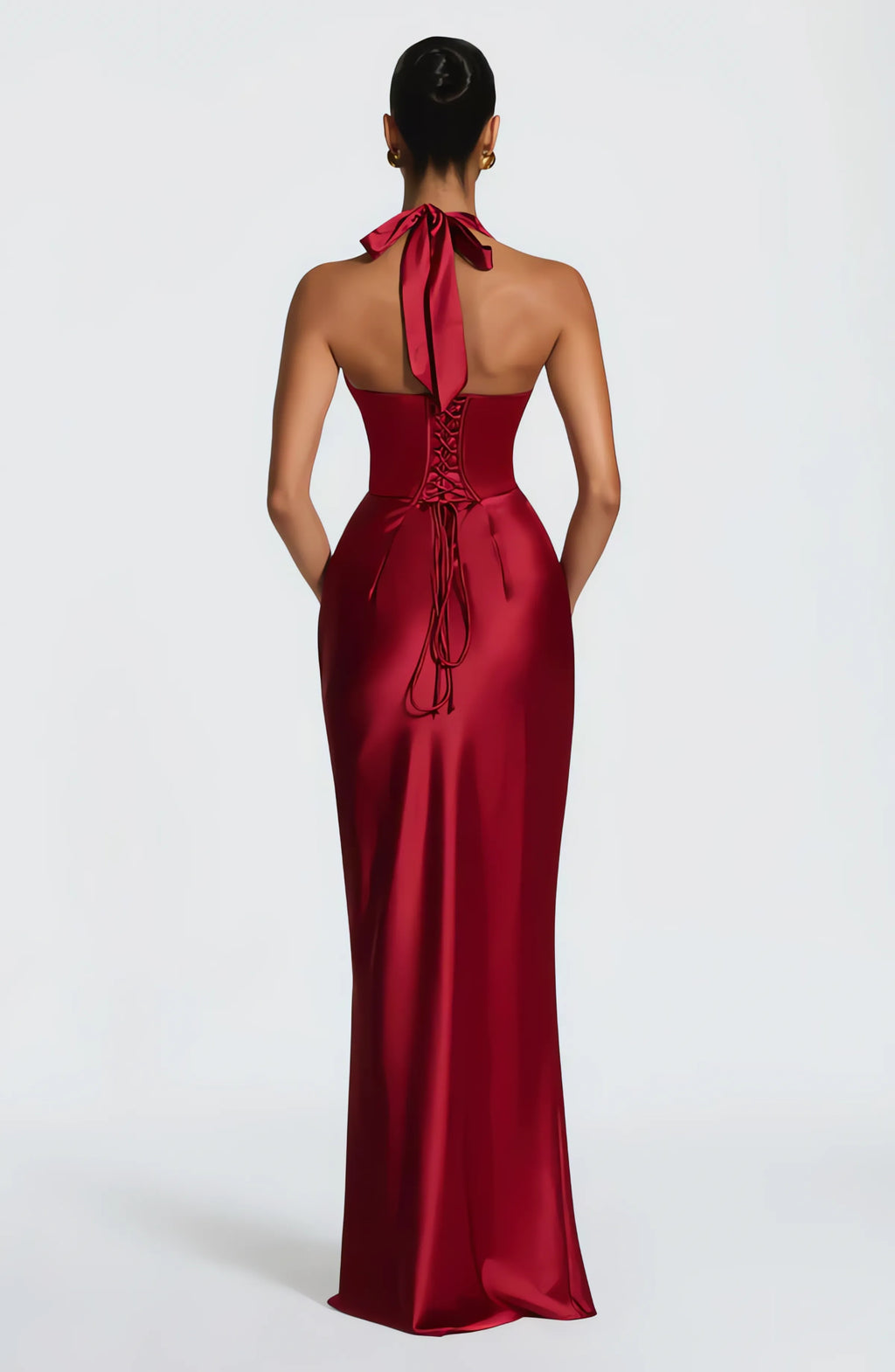 Satin halter maxi dress with pleated plunge cups, ruched waist and lace-up back - view 10