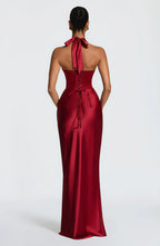 Satin halter maxi dress with pleated plunge cups, ruched waist and lace-up back - view 10
