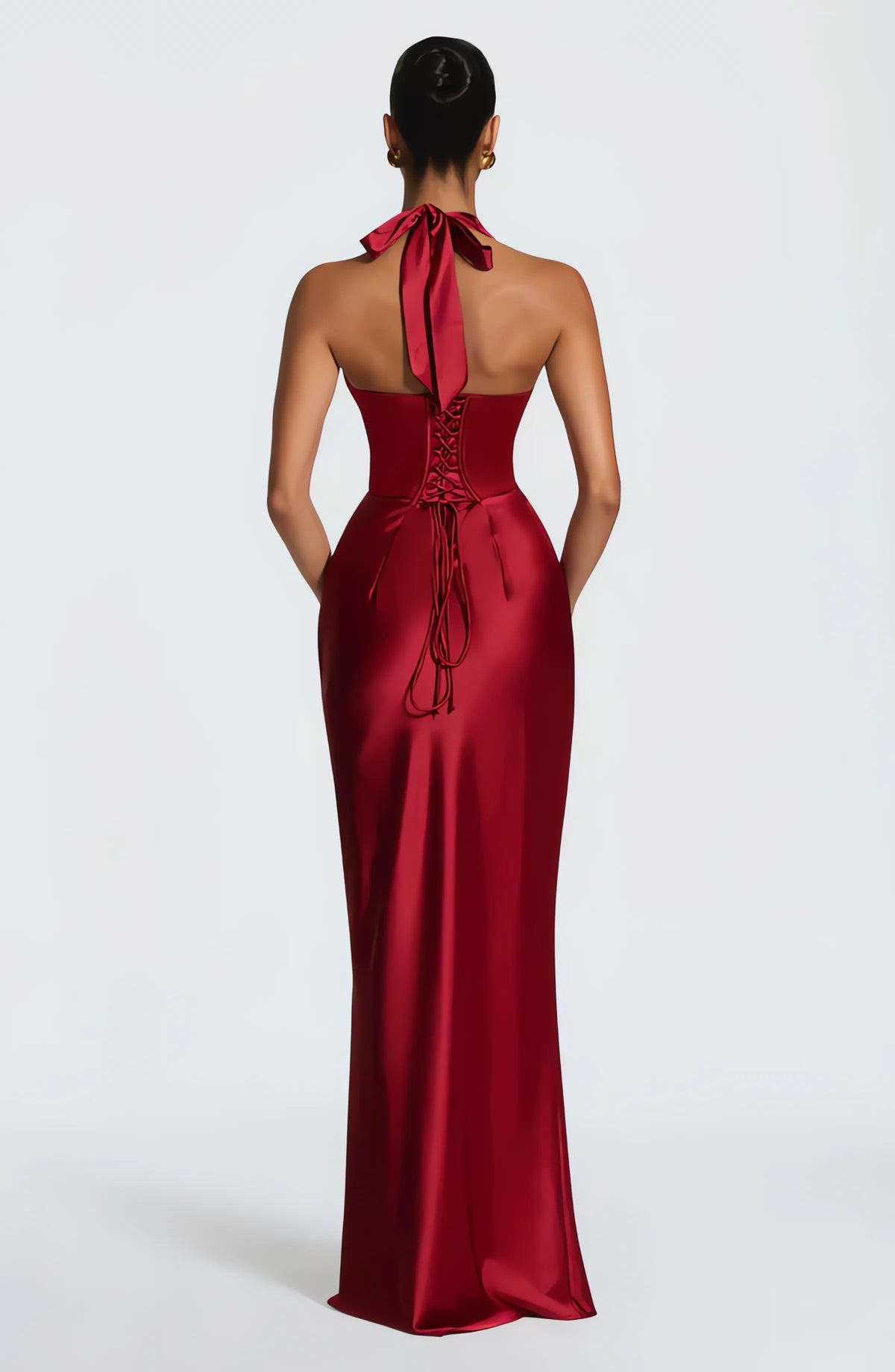 Satin halter maxi dress with pleated plunge cups, ruched waist and lace-up back - view 10