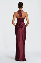 Satin halter maxi dress with pleated plunge cups, ruched waist and lace-up back - view 12