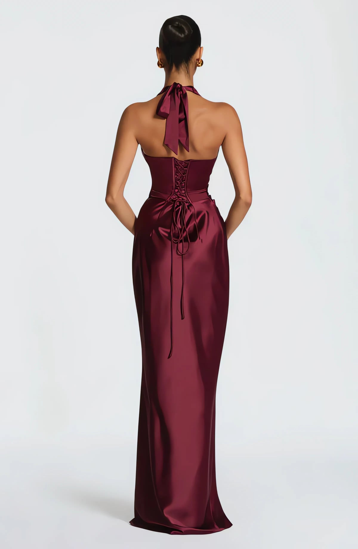 Satin halter maxi dress with pleated plunge cups, ruched waist and lace-up back - view 12