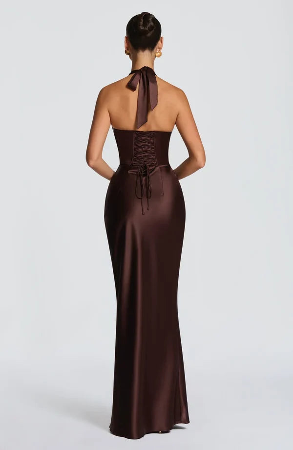 Satin halter maxi dress with pleated plunge cups, ruched waist and lace-up back - view 14