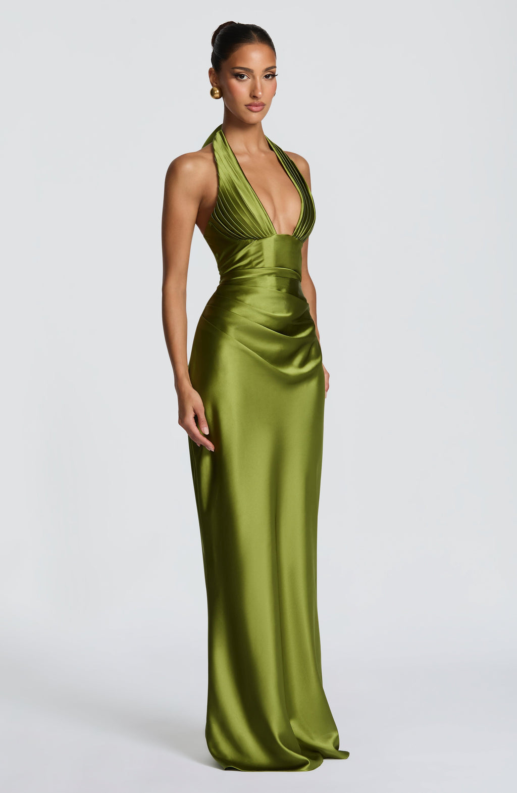 Satin halter maxi dress with pleated plunge cups, ruched waist and lace-up back - view 2