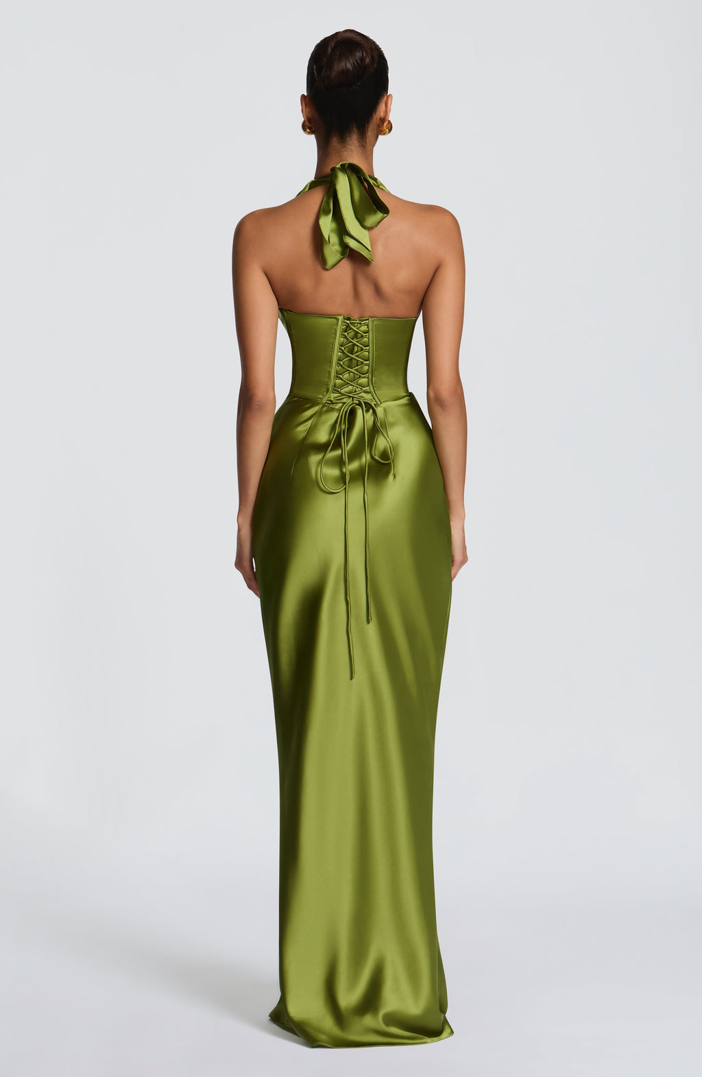 Satin halter maxi dress with pleated plunge cups, ruched waist and lace-up back - view 3