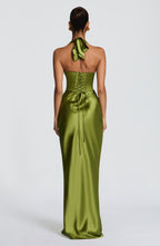 Satin halter maxi dress with pleated plunge cups, ruched waist and lace-up back - view 3