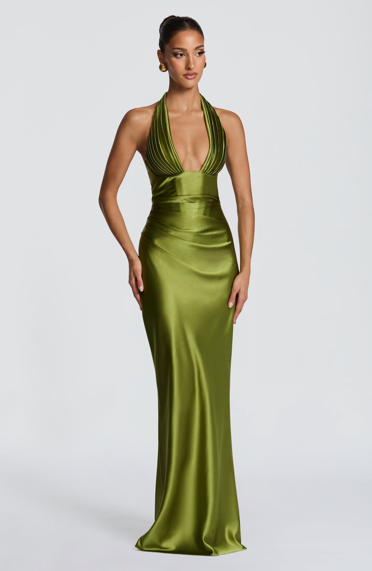 Satin halter maxi dress with pleated plunge cups, ruched waist and lace-up back - view 4