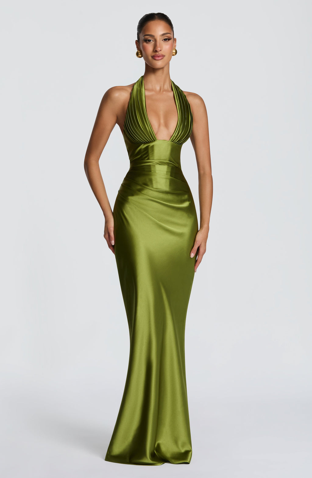 Satin halter maxi dress with pleated plunge cups, ruched waist and lace-up back - view 5