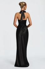 Satin halter maxi dress with pleated plunge cups, ruched waist and lace-up back - view 8